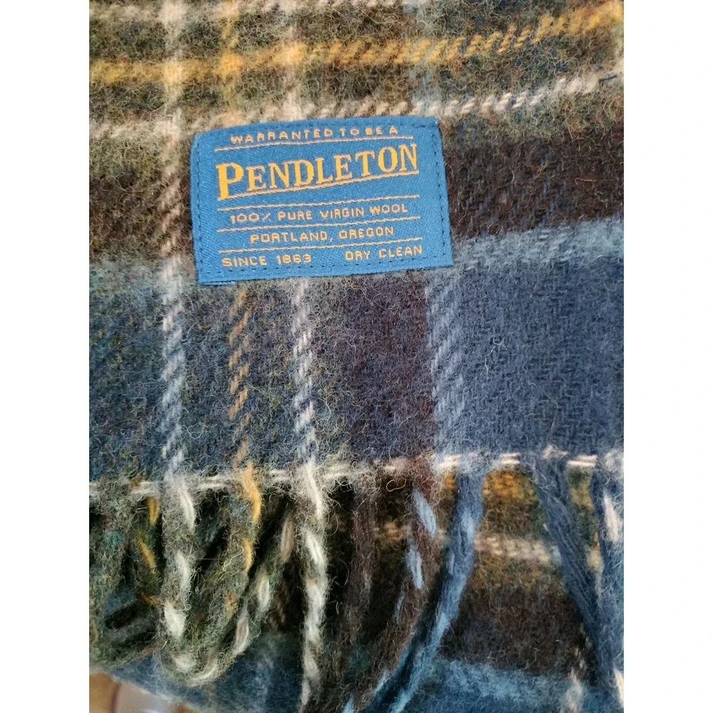 Pendleton 100% Pure Virgin Wool Throw Blanket Blue Green Plaid Tartan Fringe